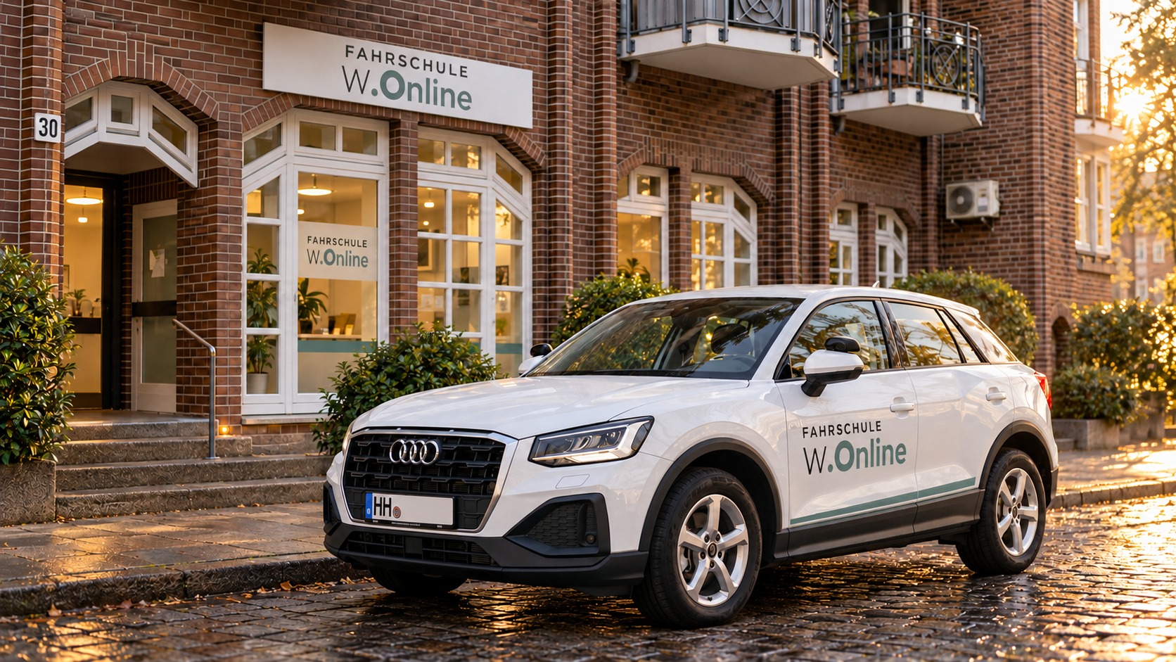 Weißer Audi Q2 im Design der Fahrschule W. Online